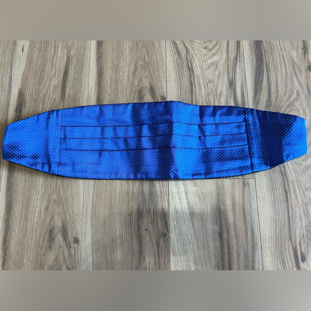 CARROT & GIBBS Silk Cummerbund Handmade USA Blue White Polk A Dots Formal Preppy - Picture 2 of 7